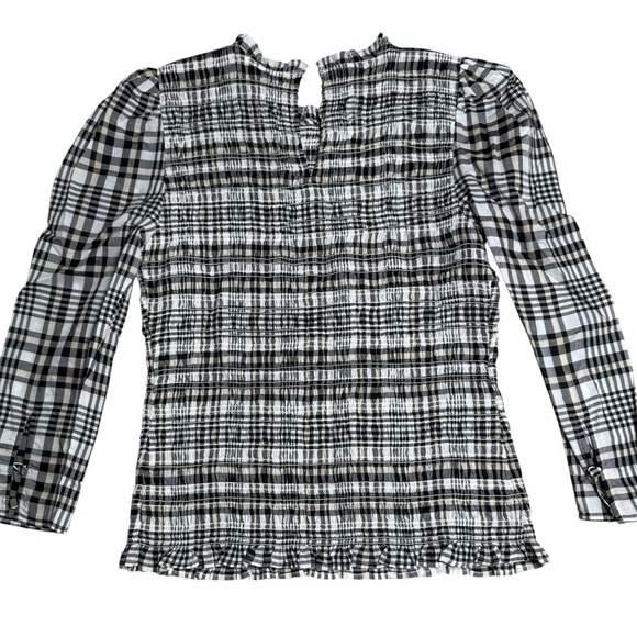Ann Taylor Plaid Smocked Blouse XXS Long Sleeve Black White Ruffle Hem - Picture 6 of 7